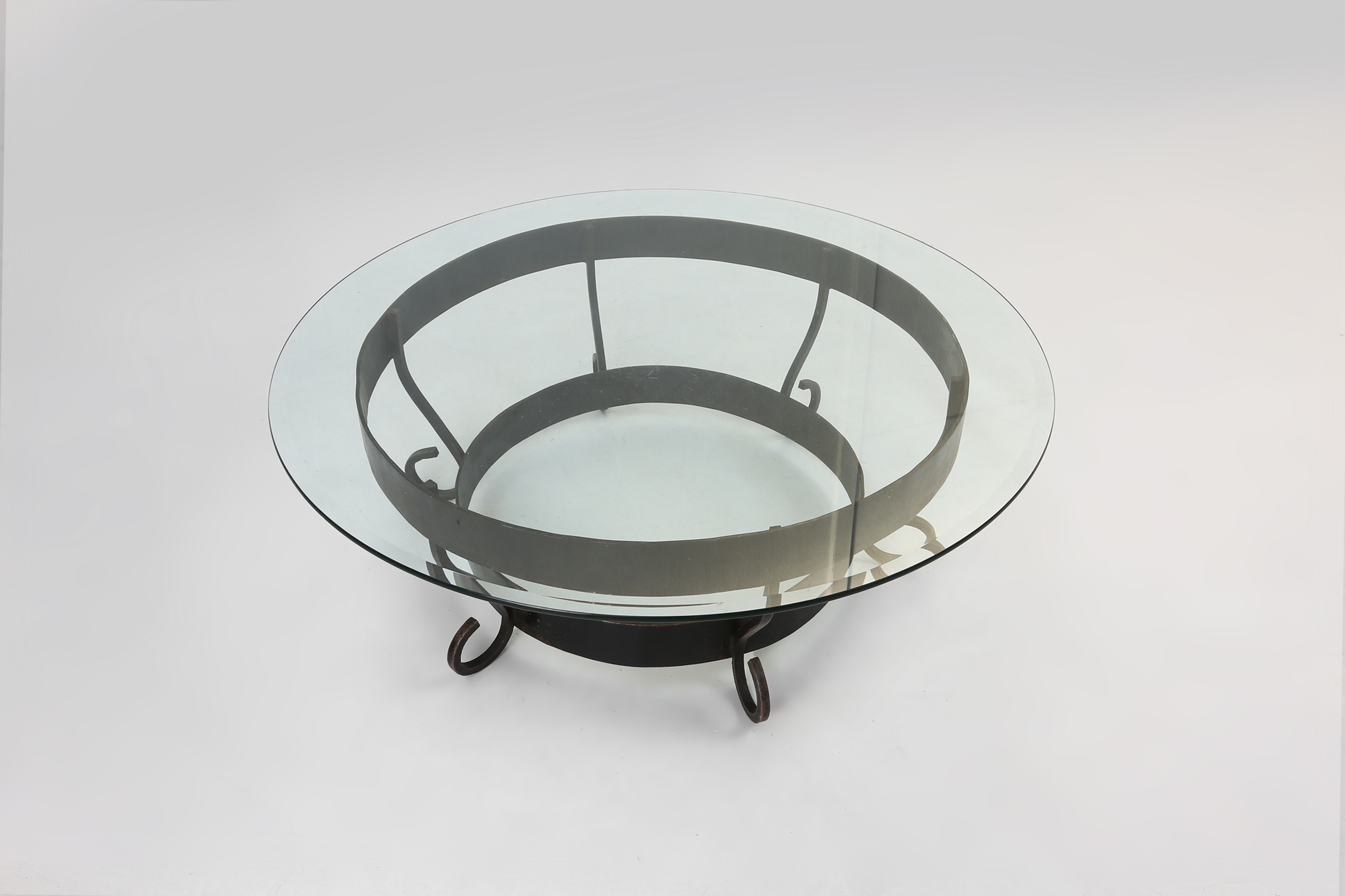 Rustic Round Coffee Table with Wrought Iron Base and Glass Top, France, 1930sthumbnail